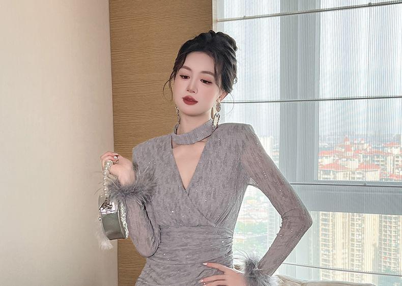 Long-Sleeve Halter Melange Asymmetrical Fluffy Trim Mini Sheath Dress Product Image