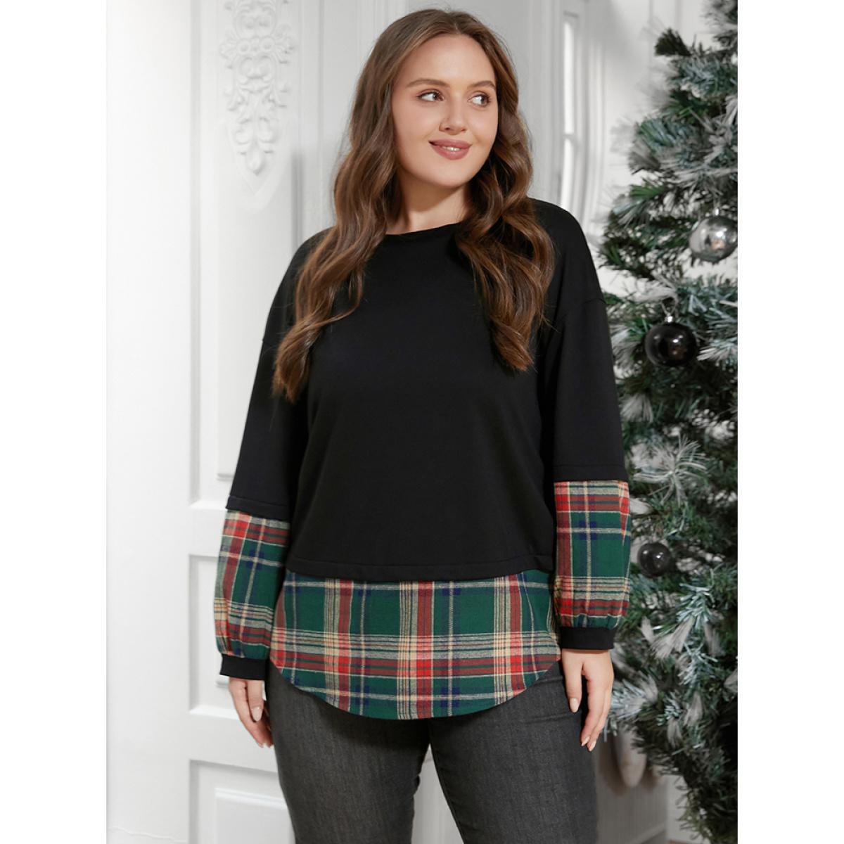 Plus Size Plaid Patchwork Arc Hem Drop Shoulder Sweatshirt Women DarkGreen Elegant Contrast Round Neck Dailywear Sweatshirts BloomChic 26/4X Product Image