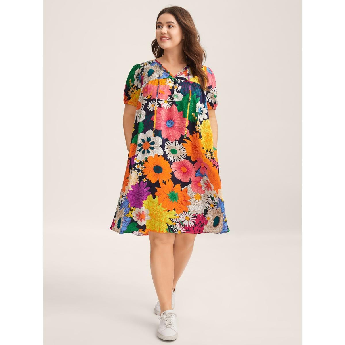 Plus Size Large Floral Print Neck Tie Midi Dress DarkBlue Women Notched collar Short sleeve Curvy BloomChic 28/5X Product Image