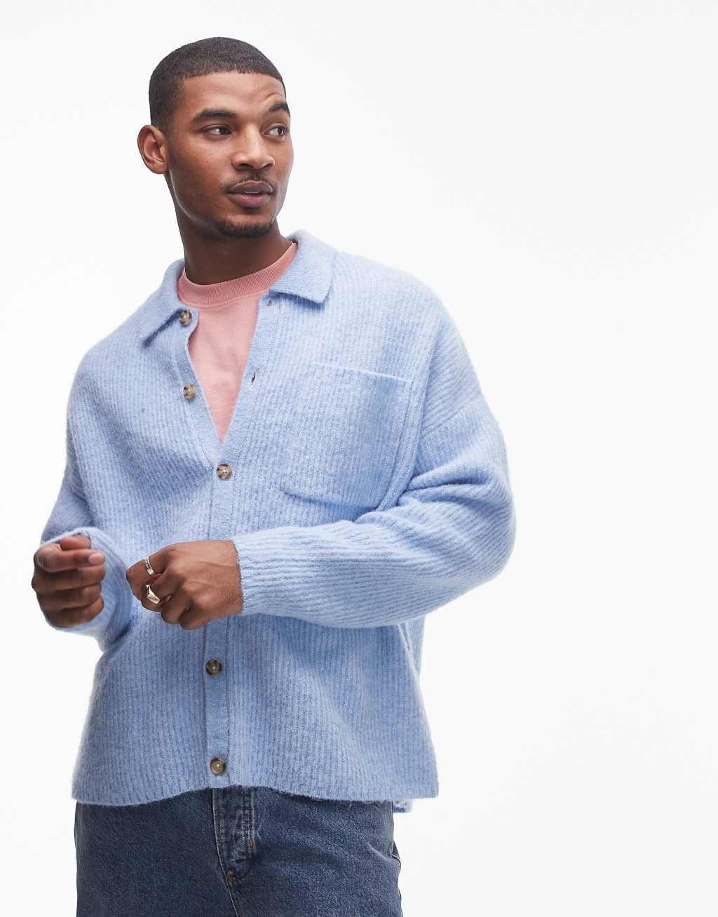 Topman relaxed fit brushed collared cardigan in light blue Product Image