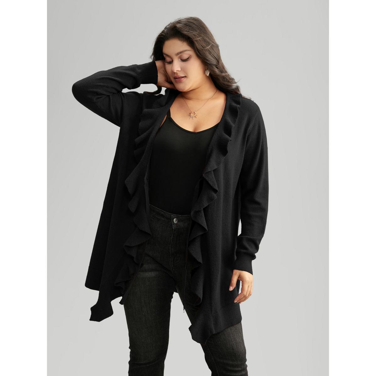 Plus Size Supersoft Essentials Solid Ruffle Trim Ties Cardigan Black Women Elegant Long Sleeve Everyday Cardigans BloomChic 22-24/3X Product Image