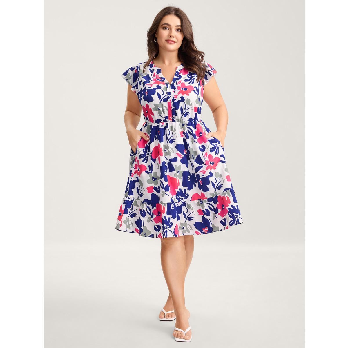 Plus Size Color Block Floral Print Notched Midi Dress Navy Women Flat collar with V-notch Cap Sleeve Curvy BloomChic 10/M Product Image