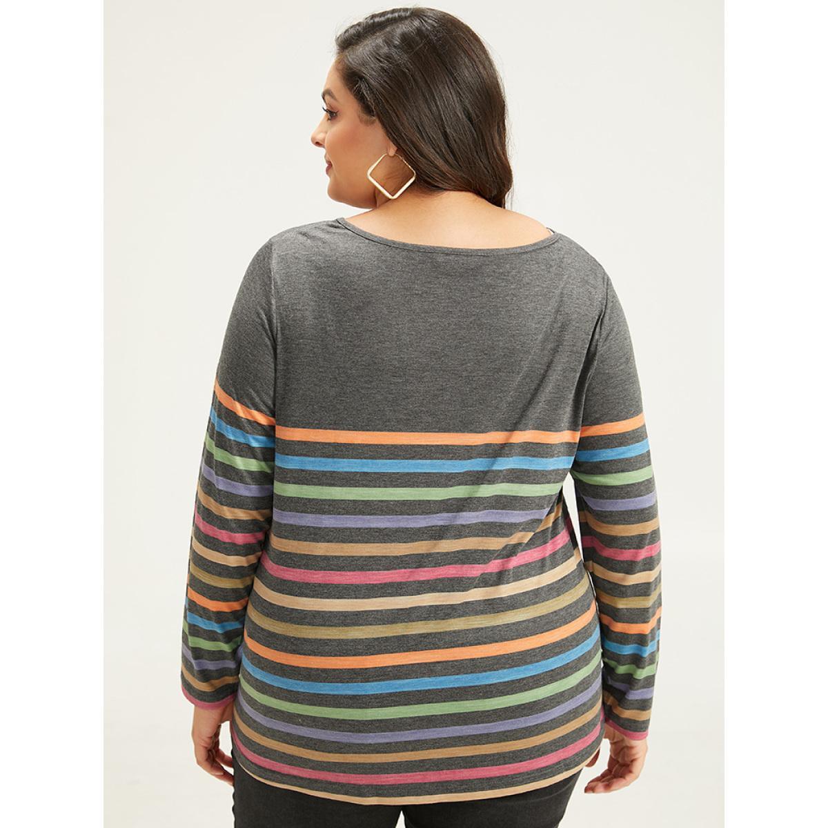 Plus Size Striped V Neck Button Detail Raglan Sleeve T-shirt Gray Women Casual Button Striped V-neck Dailywear T-shirts BloomChic 18-20/2X Product Image