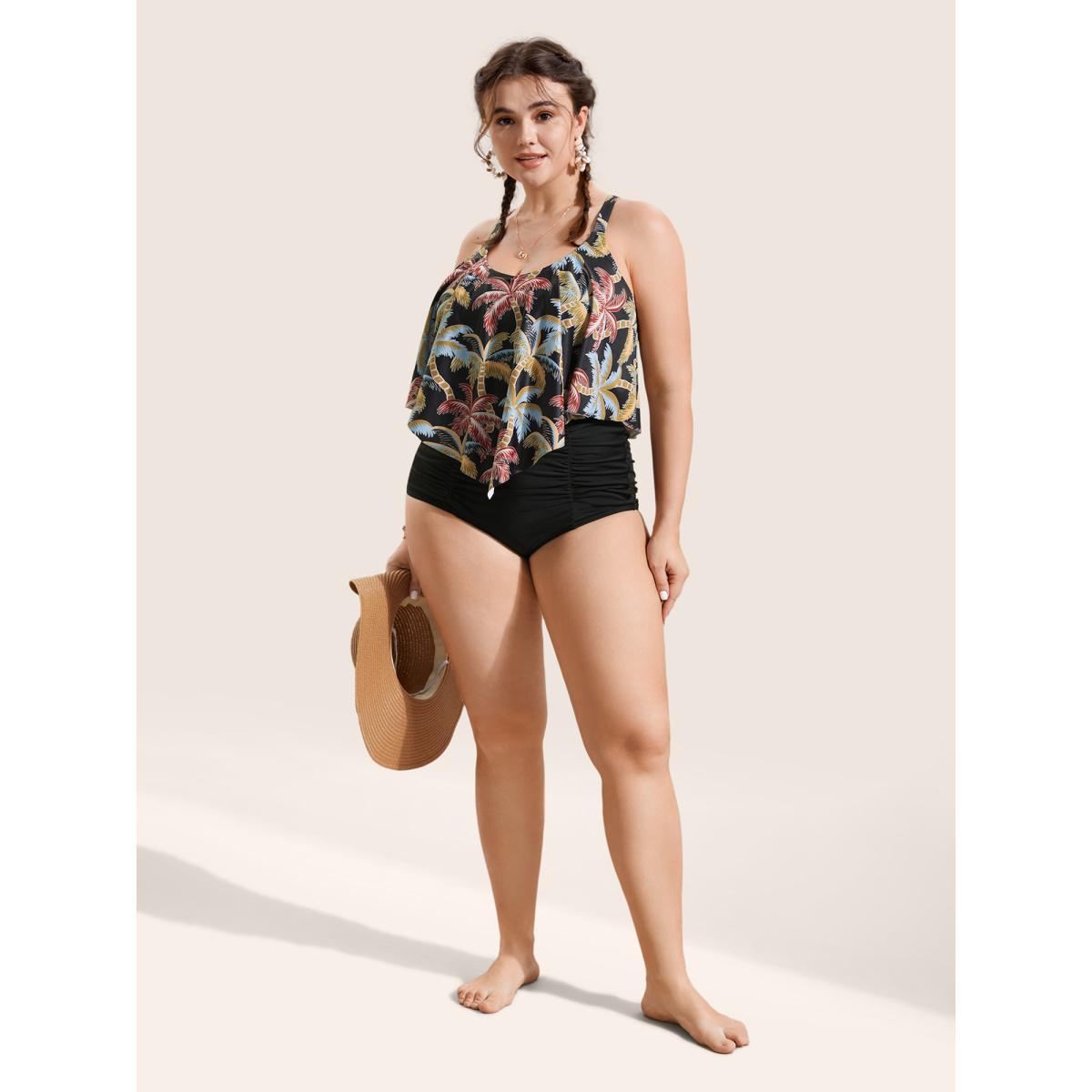 Plus Size Tropical Coconut Tree Print Ruffle Trim Swim Top Women's Swimwear Black Beach Asymmetrical High stretch Bodycon U-neck Curve Swim Tops BloomChic 26/4X Product Image