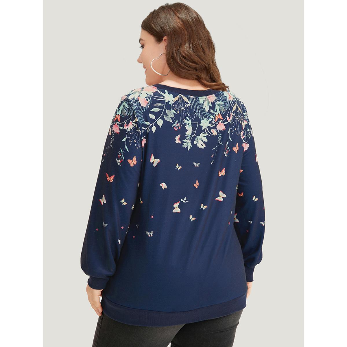 Plus Size Boho Print Elastic Cuffs Round Neck Sweatshirt Women Blue Elegant Elastic cuffs Round Neck Dailywear Sweatshirts BloomChic 10/M Product Image