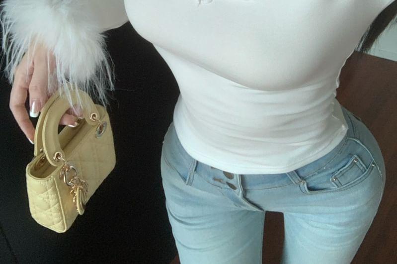 Long Sleeve Fluffy Cuff Scoop Neck Plain Panel Lace Top Product Image