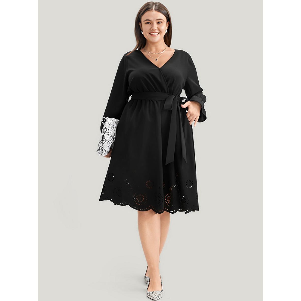 Plus Size Solid Wrap Pocket Belted Laser Cut Knee Dress Black Women Elegant Plain V-neck Long Sleeve Curvy Knee Dress BloomChic 26/4X Product Image