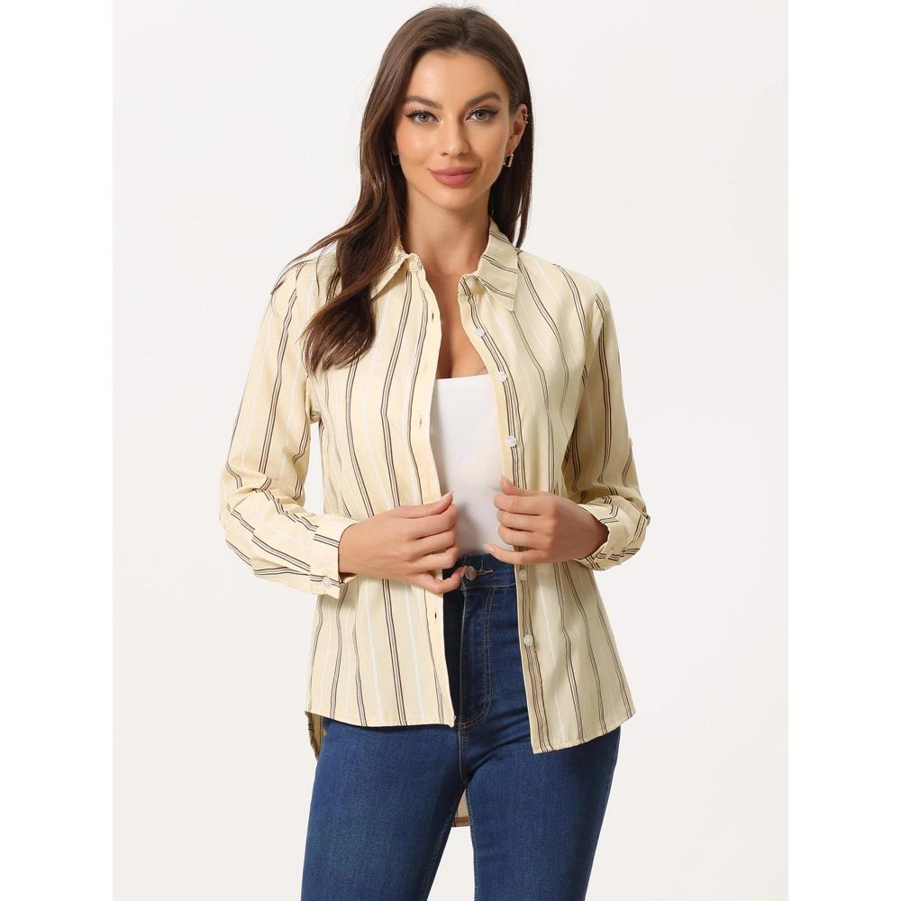 INSPIRE CHIC Women's Striped Button Down Roll-up Long Sleeves Point Collar Shirt Product Image