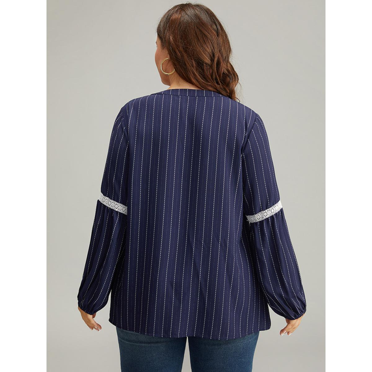 Plus Size Indigo Striped Guipure Lace Notched Lantern Sleeve Blouse Women Office Long Sleeve Notched collar Work Blouses BloomChic 28/5X Product Image