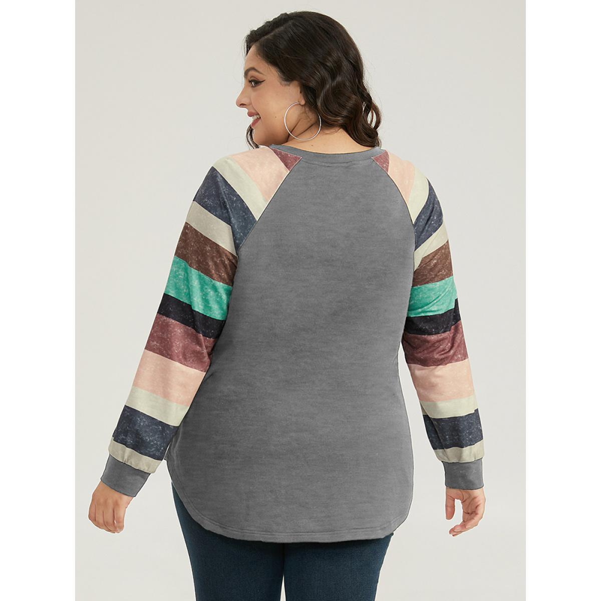 Plus Size Striped Patchwork Contrast Raglan Sleeve Sweatshirt Women Gray Casual Contrast Round Neck Dailywear Sweatshirts BloomChic 14-16/1X Product Image