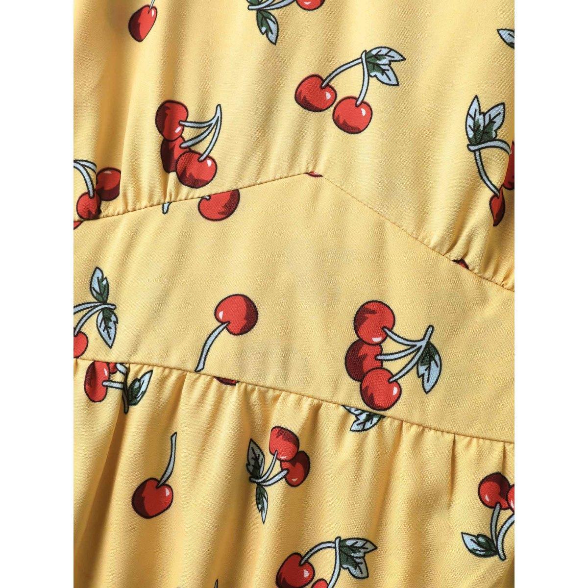 Plus Size Cherry Print Stretchy Cinched-Waist Midi Dress Lemonyellow Women V-neck Short sleeve Curvy BloomChic 18-20/2X Product Image