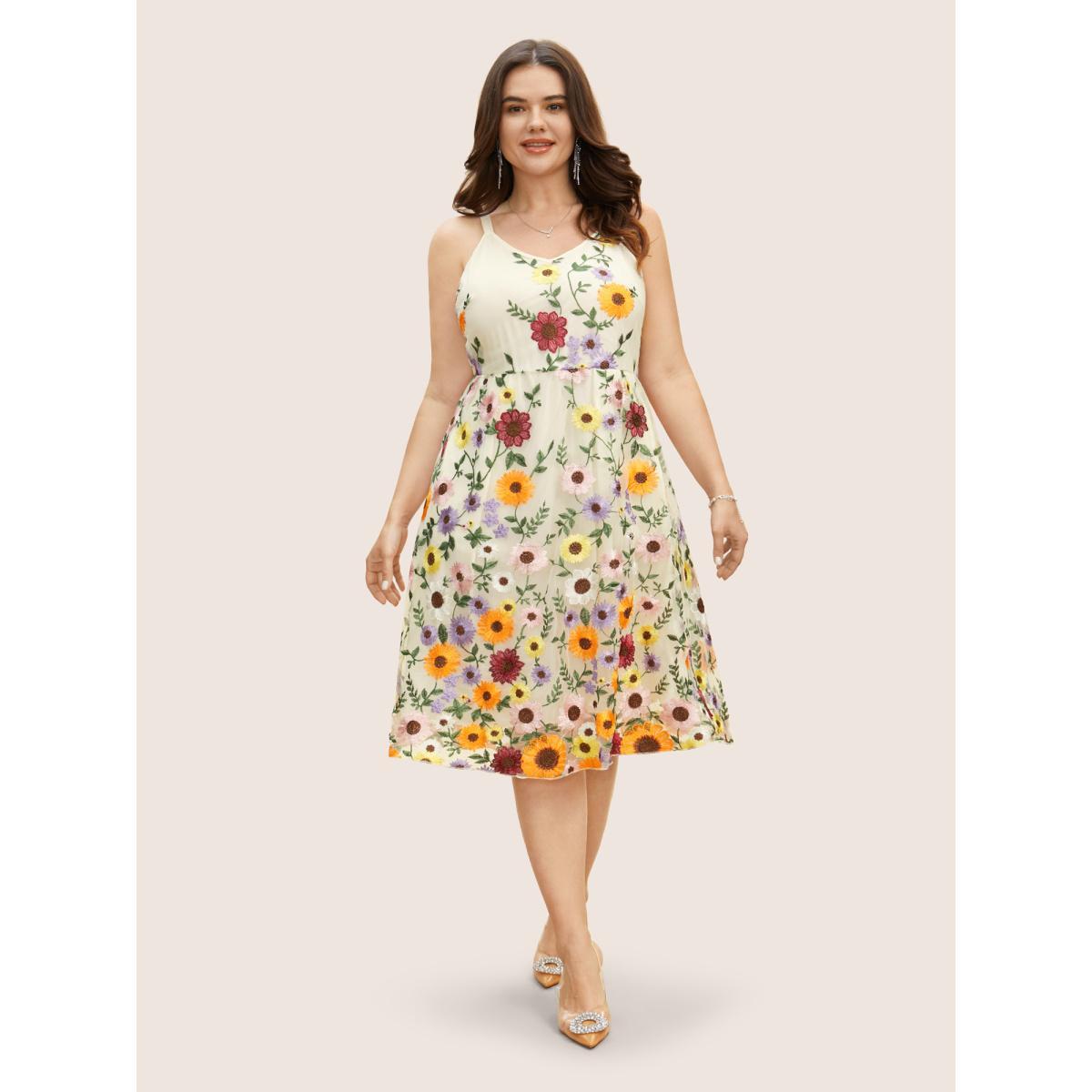 Plus Size V Neck Floral Embroidered Mesh Cami Dress Ivory Women Formal Embroidered V-neck Sleeveless Curvy BloomChic 30/6X Product Image