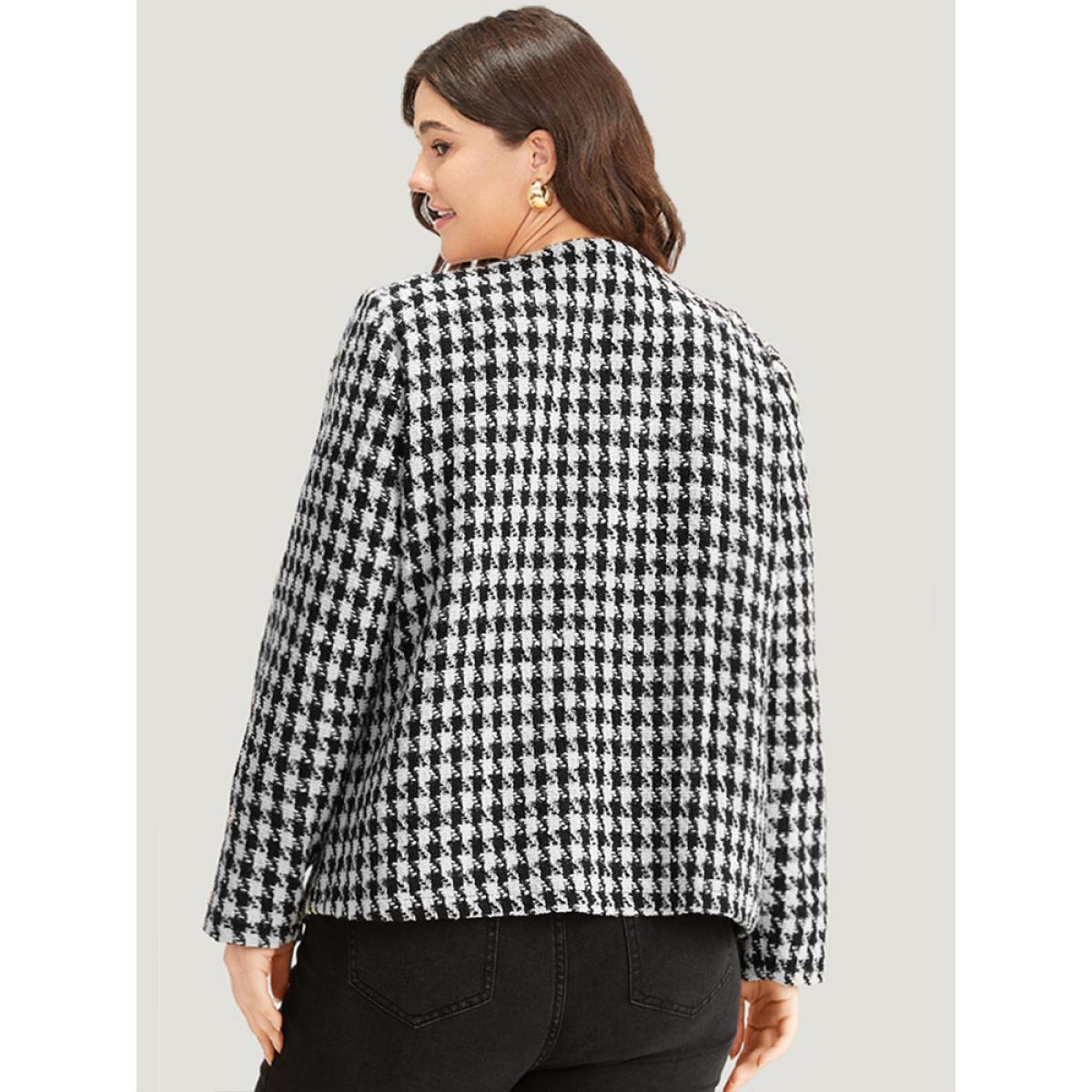 Plus Size Houndstooth Button Through Blazer Women Black Casual Texture Ladies Dailywear Winter Coats BloomChic 22-24/3X Product Image