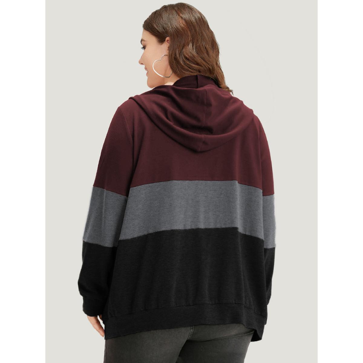 Plus Size Colorblock Contrast Drawstring Zipper Hooded Sweatshirt Women Burgundy Casual Contrast Hooded Everyday Sweatshirts BloomChic 10/M Product Image