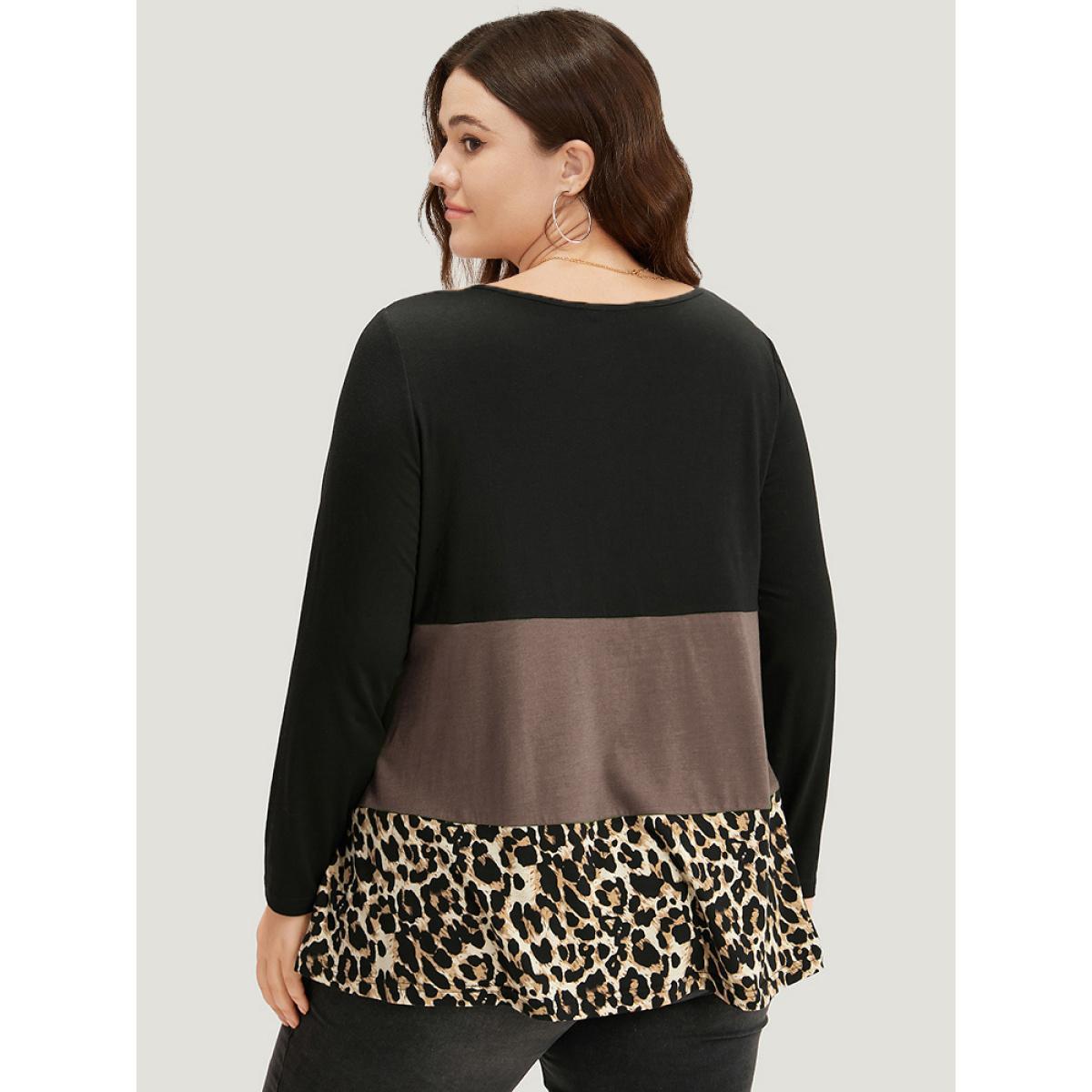 Plus Size Colorblock Leopard Contrast Round Neck T-shirt Chocolate Women Casual Contrast Leopard Round Neck Everyday T-shirts BloomChic 30/6X Product Image