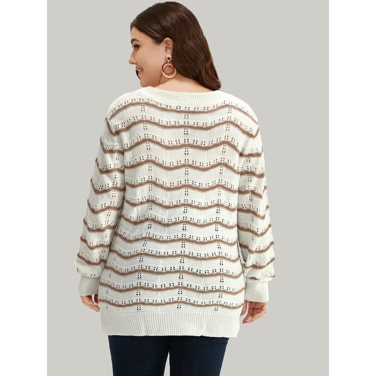 Plus Size Wave Striped Cut Out V Neck Cardigan Beige Women Casual Bodycon Long Sleeve V-neck Dailywear Pullovers BloomChic 22-24/3X Product Image