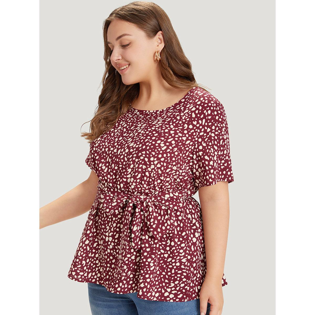 Plus Size Leopard Leopard Knotted Flutter Hem Crew Neck Blouse Women Elegant Short sleeve Round Neck Dailywear Blouses BloomChic 30/6X Product Image