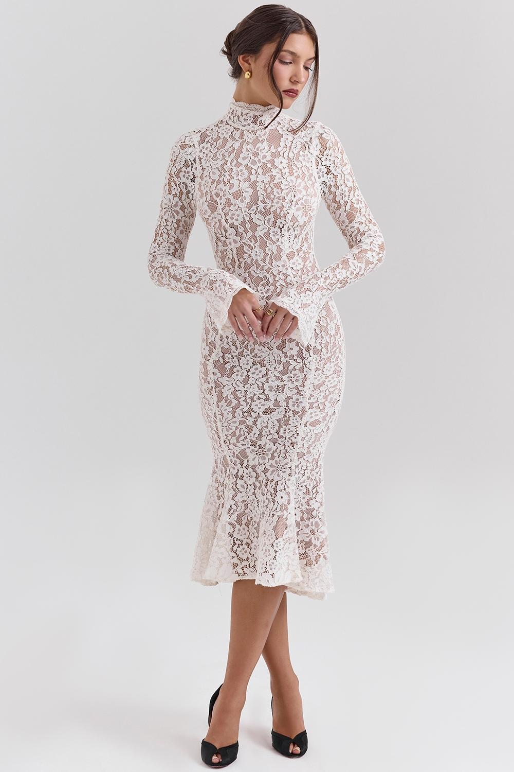 Sophia Vintage Ivory Lace Fitted Midi Dress Product Image