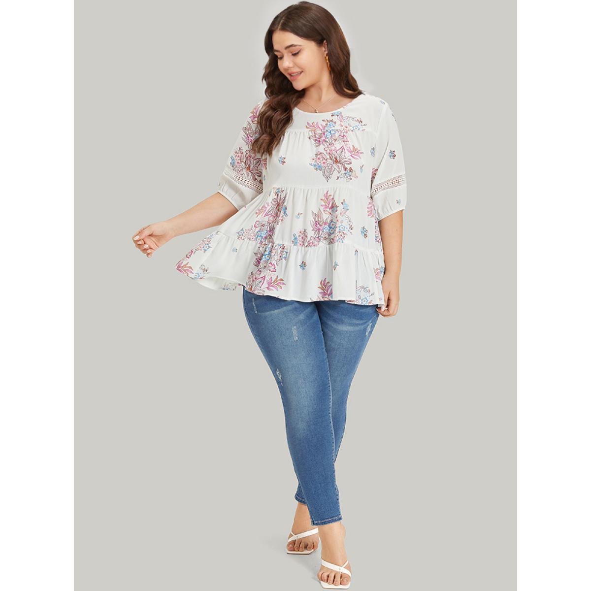 Plus Size White Floral Print Patchwork Ruffle Layered Hem Lantern Sleeve Blouse Women Elegant Half Sleeve Round Neck Dailywear Blouses BloomChic 28/5X Product Image