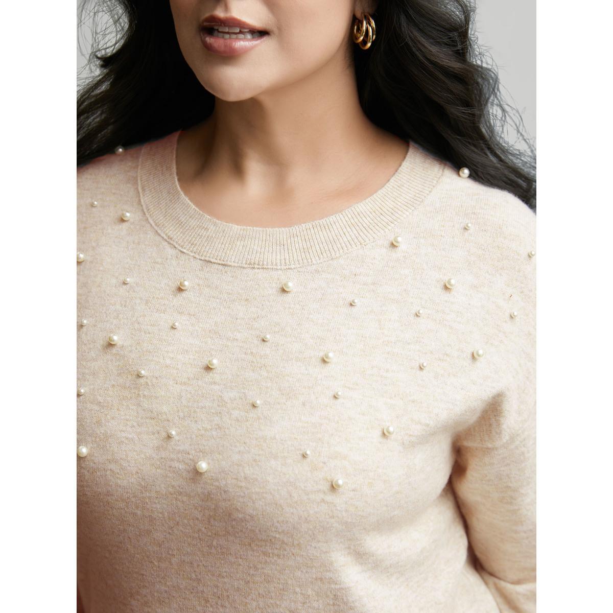 Plus Size Round Neck Pearl Beaded Pullover Apricot Women Casual Long Sleeve Round Neck Everyday Pullovers BloomChic 12/L Product Image