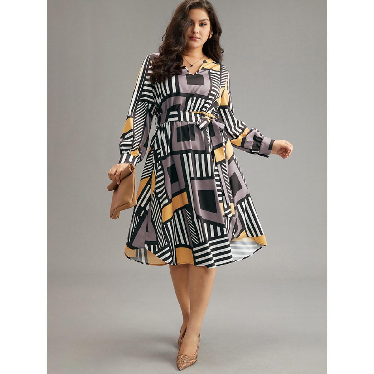 Plus Size Colorblock Geometric Notched Elastic Waist Arc Hem Dress Multicolor Women Office Printed Notched collar Long Sleeve Curvy Midi Dress BloomChic 10/M Product Image