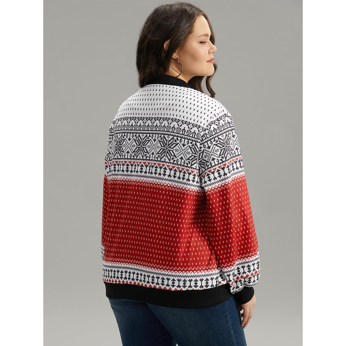 Plus Size Christmas Patchwork Zipper Contrast Jacket Women Red Elastic cuffs Dailywear Jackets BloomChic 18-20/2X Product Image