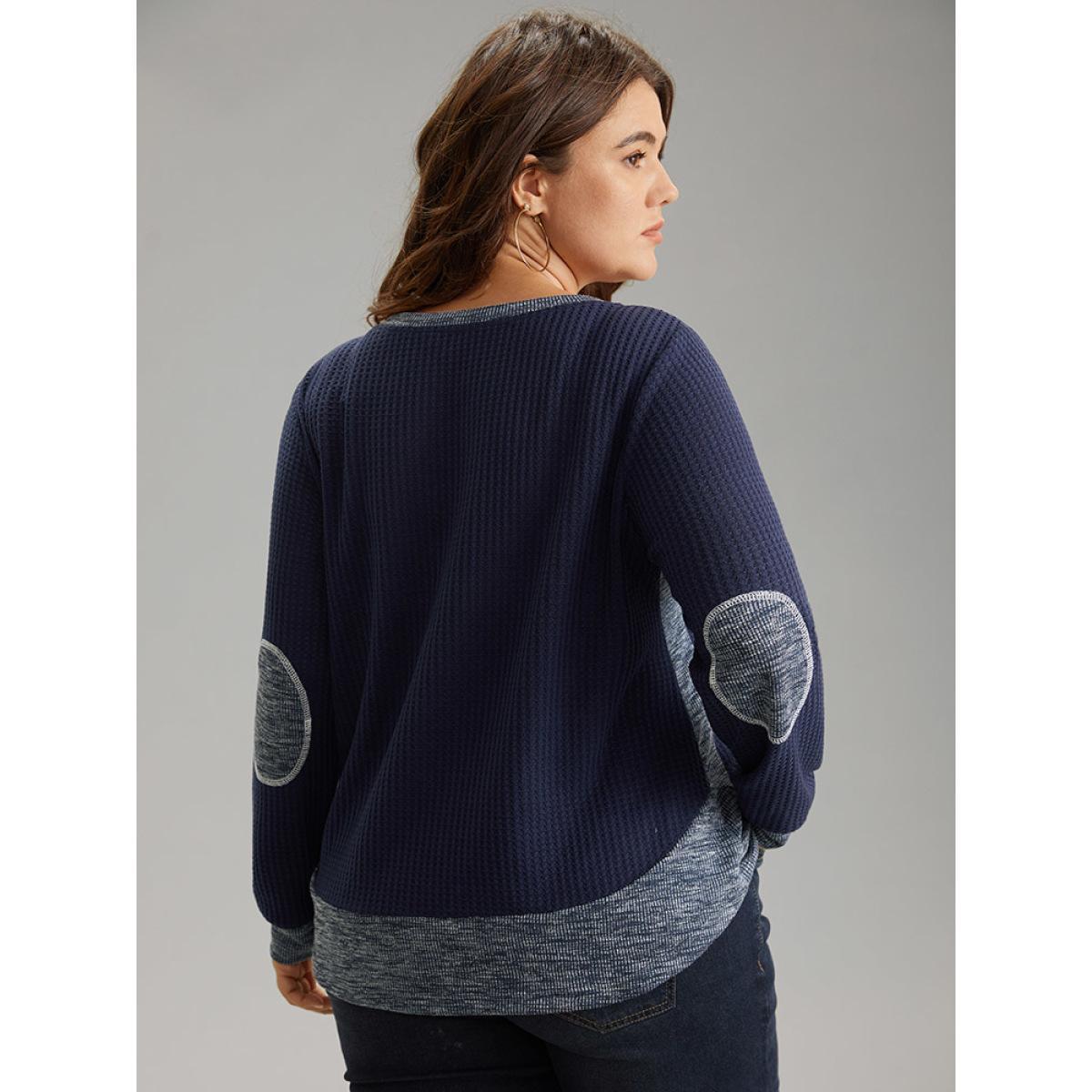 Plus Size Waffle Knit Two Tone Notched Patchwork T-shirt Navy Women Casual Waffle Knit Plain Notched collar Dailywear T-shirts BloomChic 26/4X Product Image