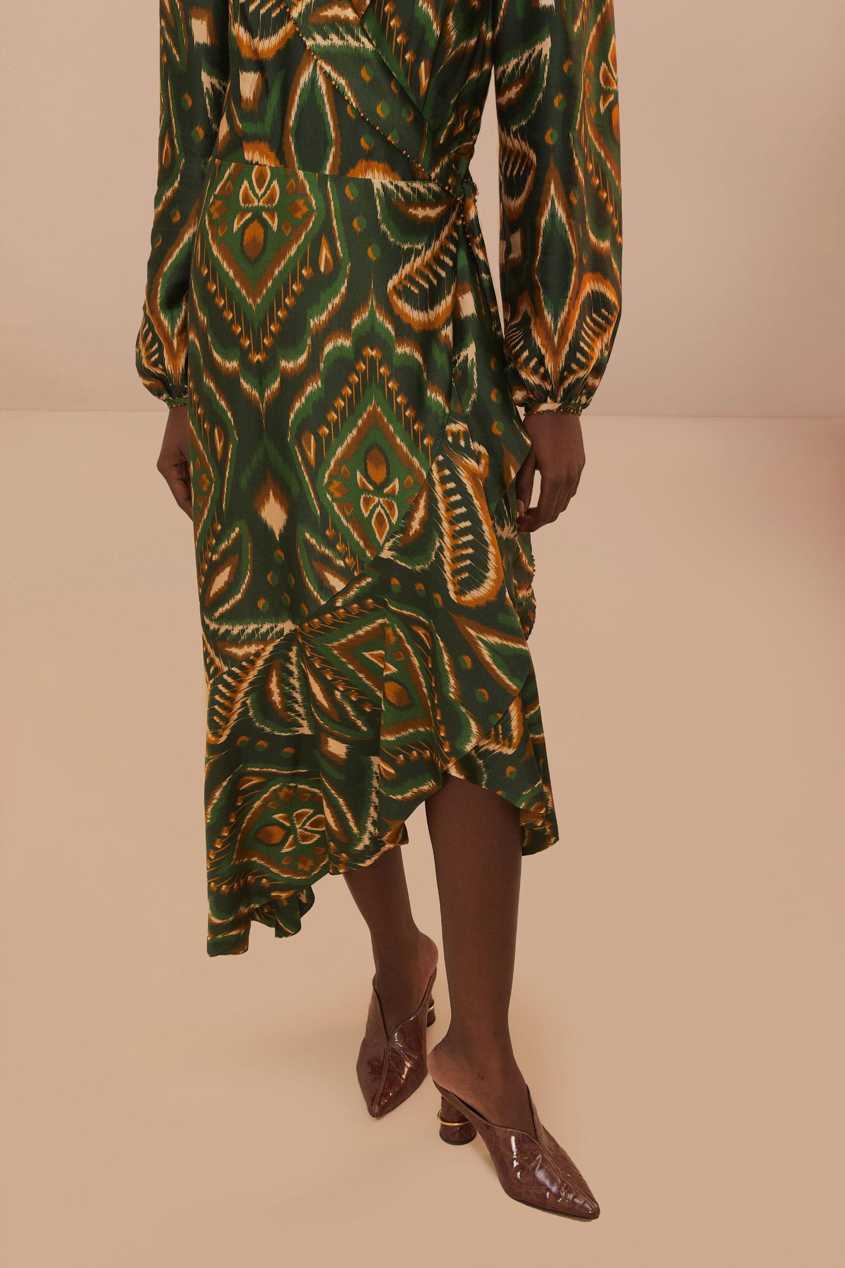 Green Pineapple Ikat Long Sleeve Midi Dress, PINEAPPLE IKAT GREEN / S Product Image