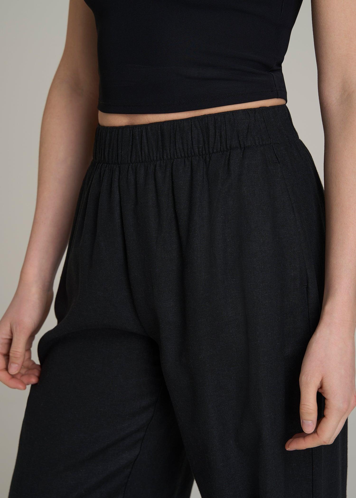 Pull On Wide Leg Linen Pants for Tall Women in Black Product Image