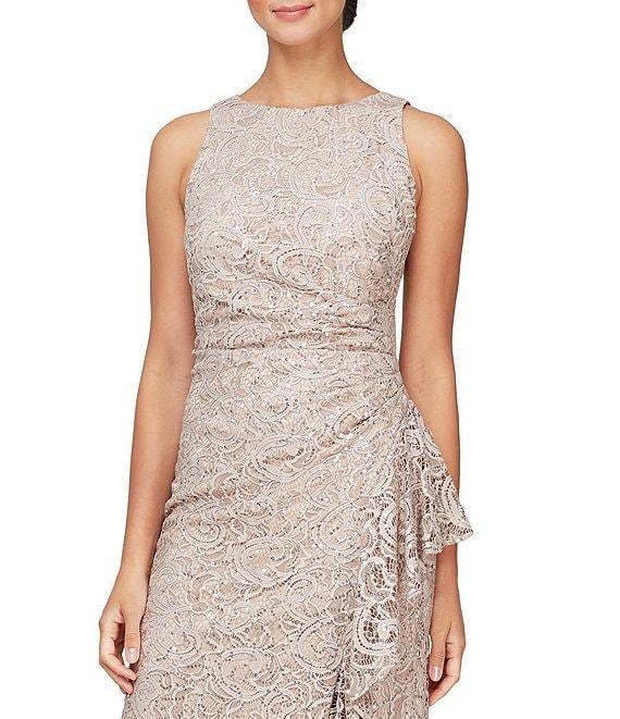 Alex Evenings Crew Neck Sleeveless Cascade Ruffle Thigh High Slit Sequin Lace Stretch Gown Product Image