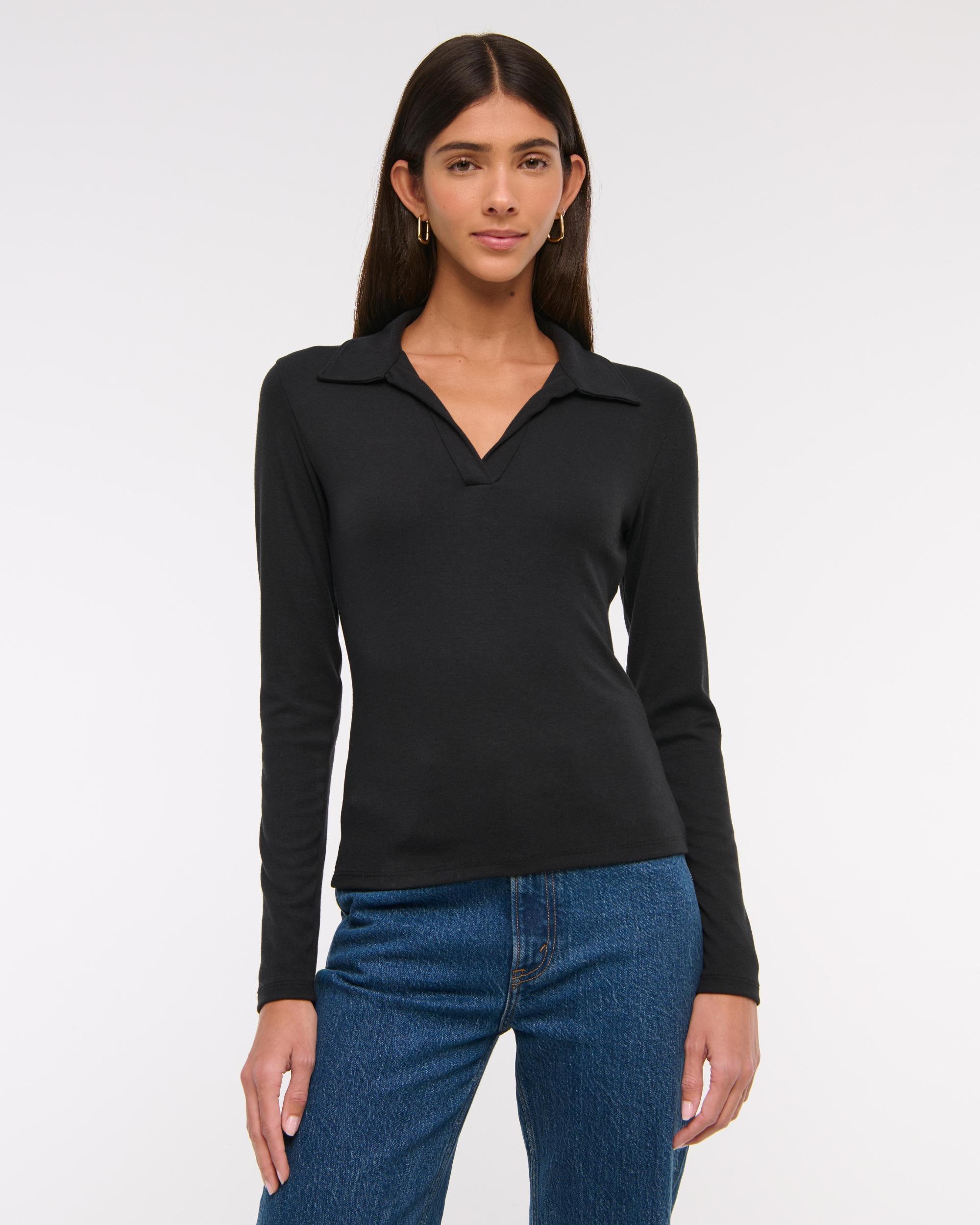 Long-Sleeve V-Neck Collared Top Product Image