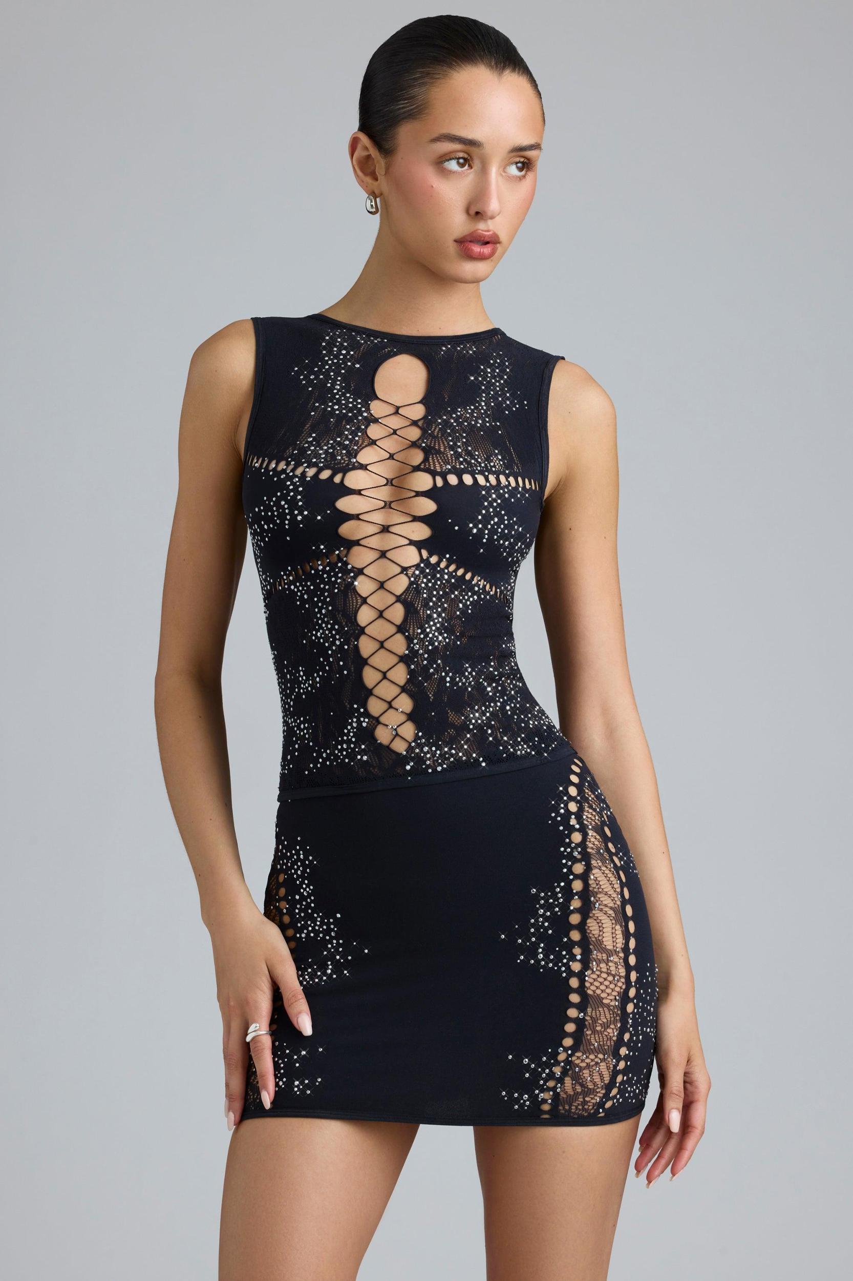 Embellished Mid-Rise Mini Skirt in Black Product Image