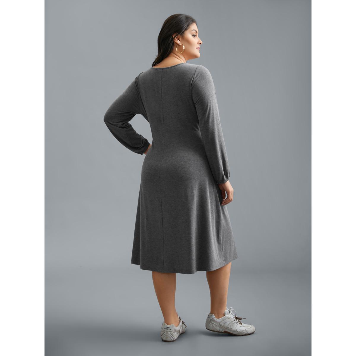 Plus Size Stretchy Waist-Tie Plain Knit Dress DimGray Women Casual Tie knot Knit Dresses Bloomchic 14-16/1X Product Image