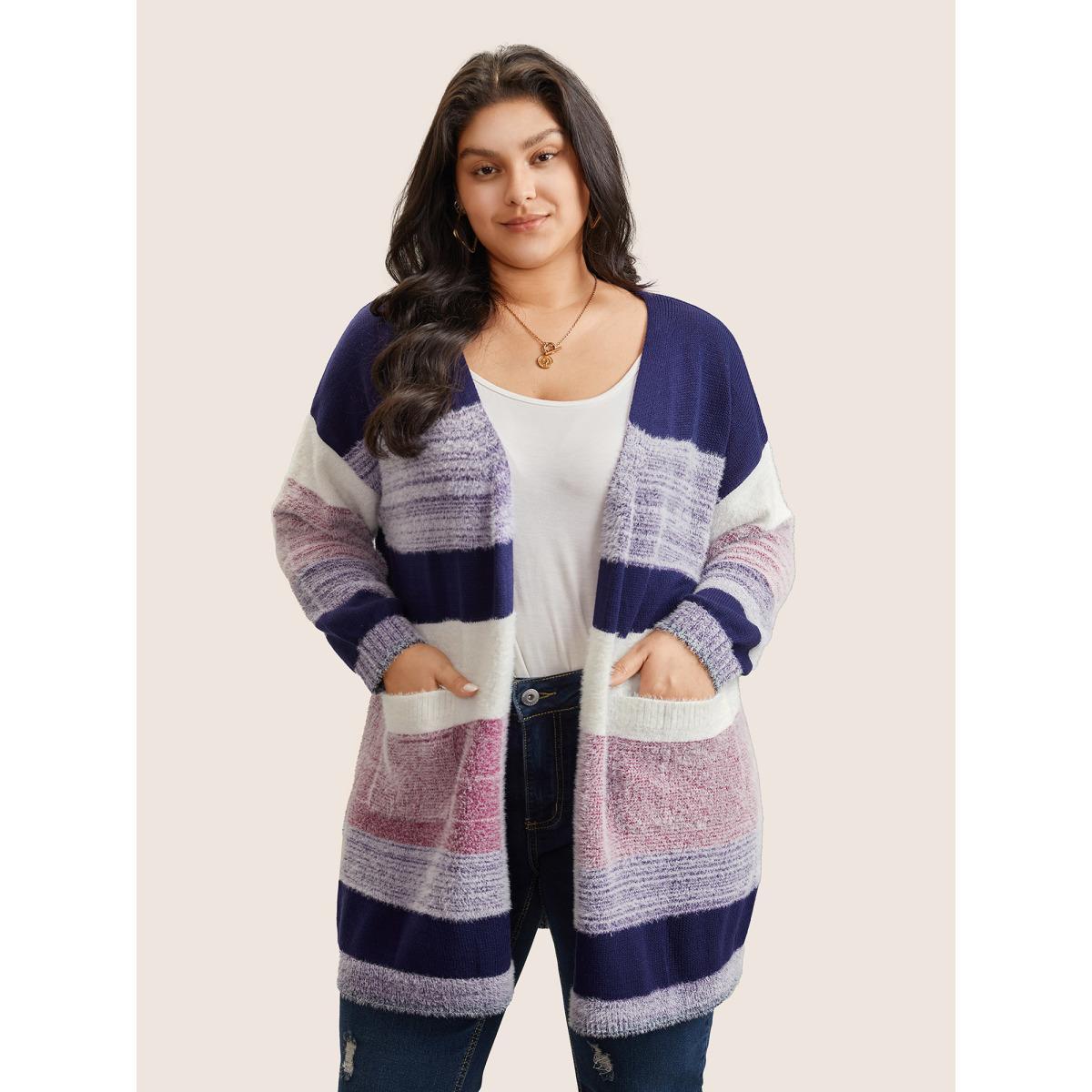 Plus Size Plaid Pocket Open Front Loose Cardigan Multicolor Women Casual Loose Long Sleeve Everyday Cardigans BloomChic 14-16/1X Product Image