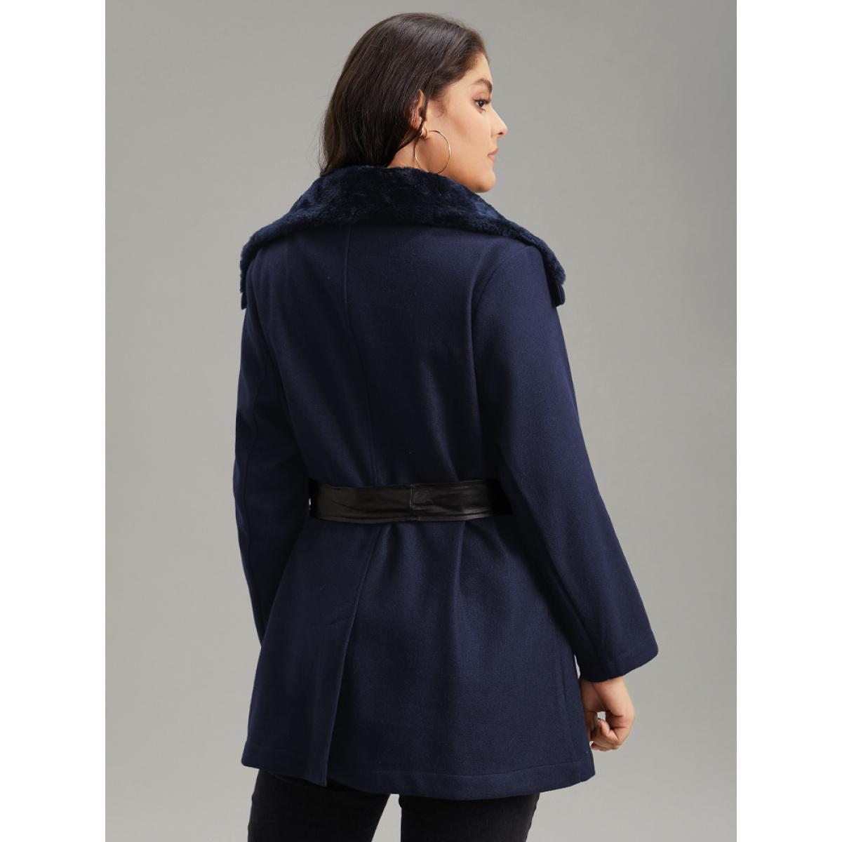Plus Size Solid Zipper Belted PU Leather Knot Fuzzy Trim Coat Women Indigo Casual Plain Ladies Dailywear Winter Coats BloomChic 12/L Product Image