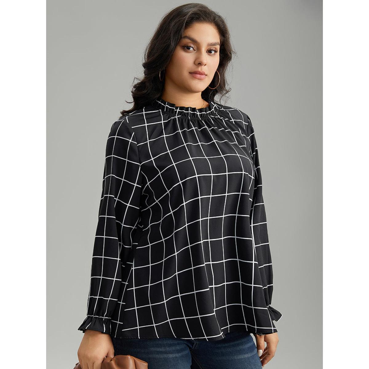 Plus Size Black Plaid Stand Collar Ruffles Lantern Sleeve Blouse Women Office Long Sleeve Stand-up collar Work Blouses BloomChic 10/M Product Image