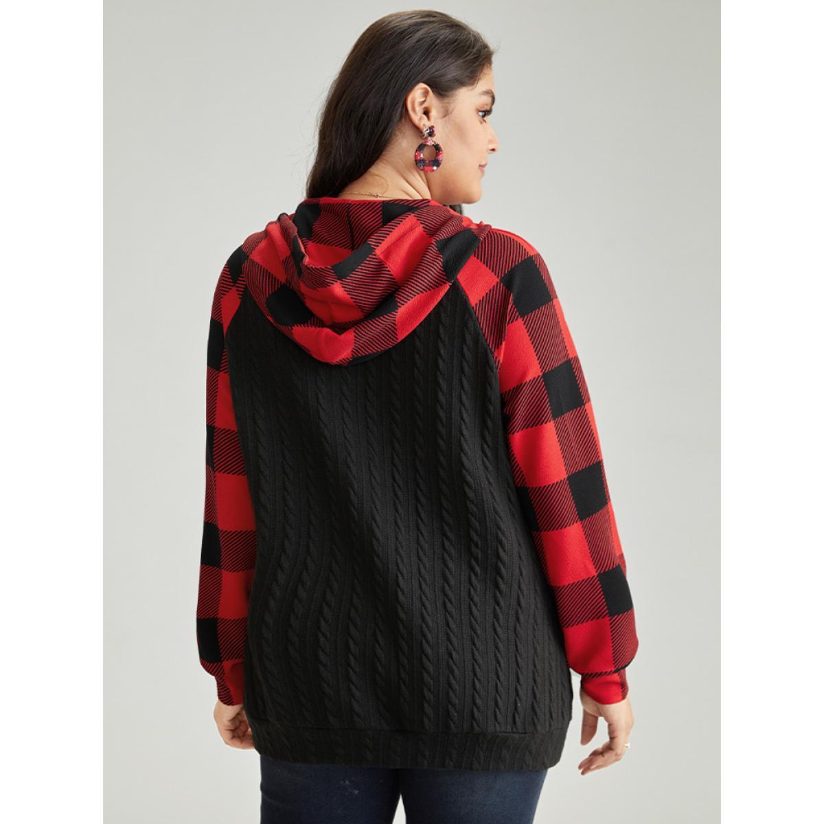 Plus Size Plaid Texture Contrast Hooded Raglan Sleeve Sweatshirt Women Black Casual Texture Hooded Festival-Christmas Sweatshirts BloomChic 14-16/1X Product Image