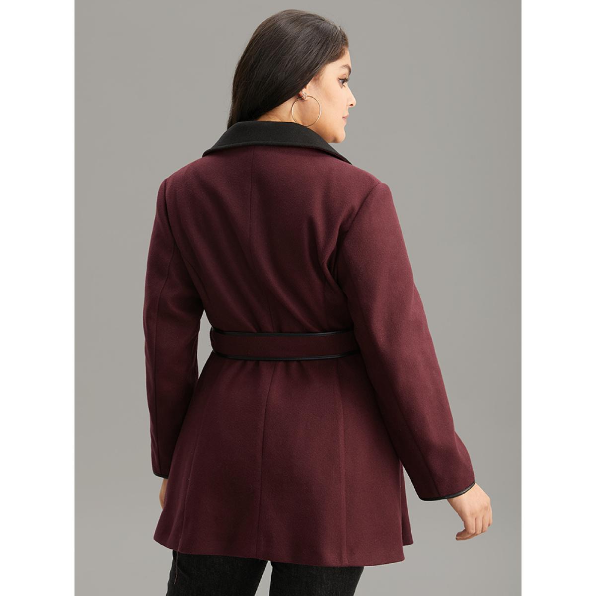 Plus Size Lapel Collar Contrast Patchwork Zipper Belted Coat Women Burgundy Casual Lined Ladies Dailywear Winter Coats BloomChic 22-24/3X Product Image