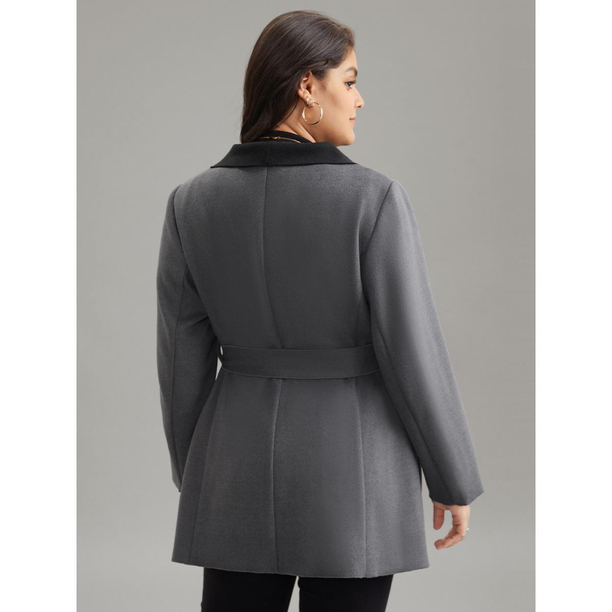 Plus Size Lapel Collar Contrast Belted Coat Women Gray Elegant Belted Ladies Everyday Winter Coats BloomChic 30/6X Product Image