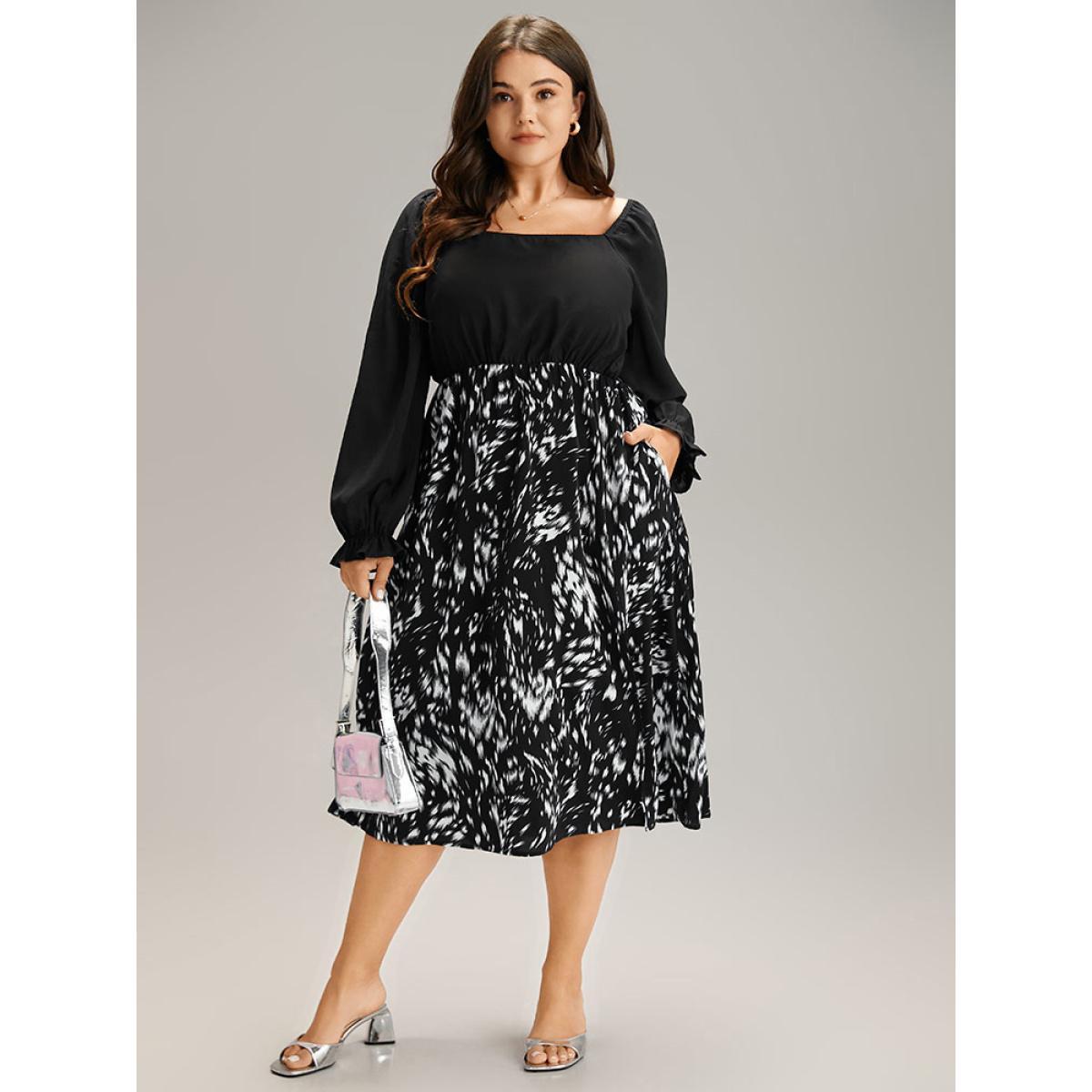 Plus Size Square Neck Brush Print Patchwork Split Hem Dress BlackFlower Women At the Office Elastic cuffs Square Neck Half Sleeve Curvy Midi Dress BloomChic 22-24/3X Product Image