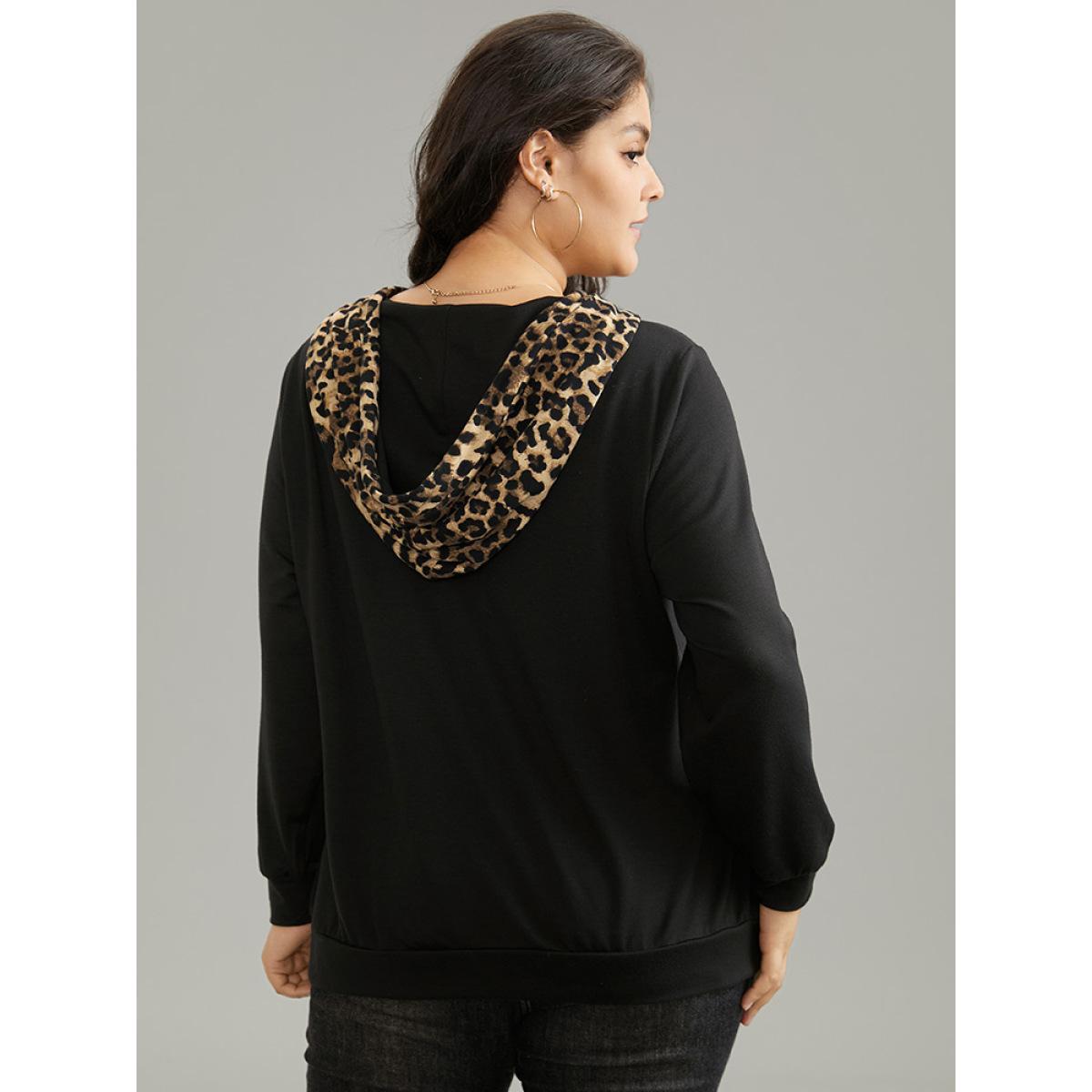 Plus Size Leopard Patchwork Kangaroo Pocket Hooded Sweatshirt Women Black Casual Contrast Hooded Dailywear Sweatshirts BloomChic 22-24/3X Product Image