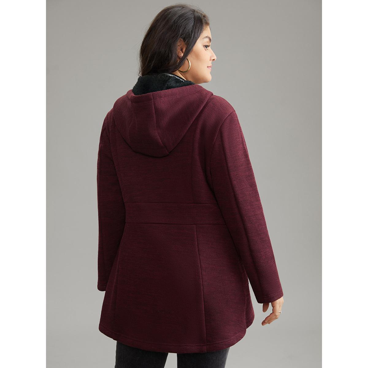 Plus Size Patchwork Contrast Zipper Drawstring Fuzzy Trim Jacket Women Burgundy Contrast Pocket Dailywear Jackets BloomChic 26/4X Product Image