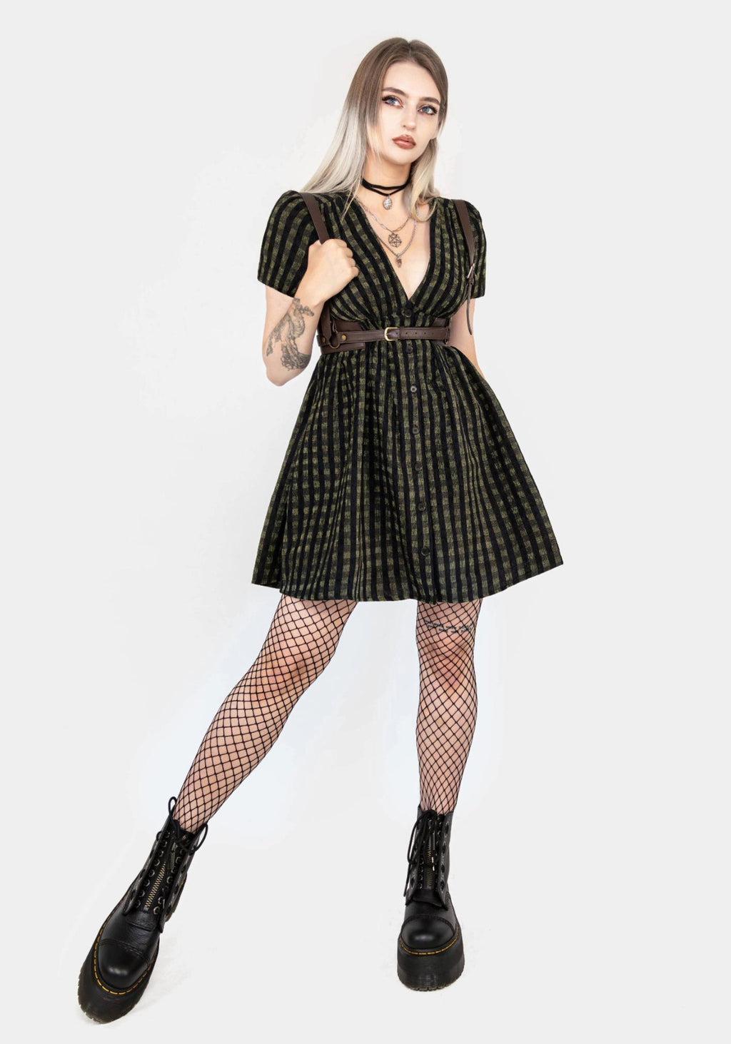 Rydal Check Button Up Mini Dress - Green Product Image