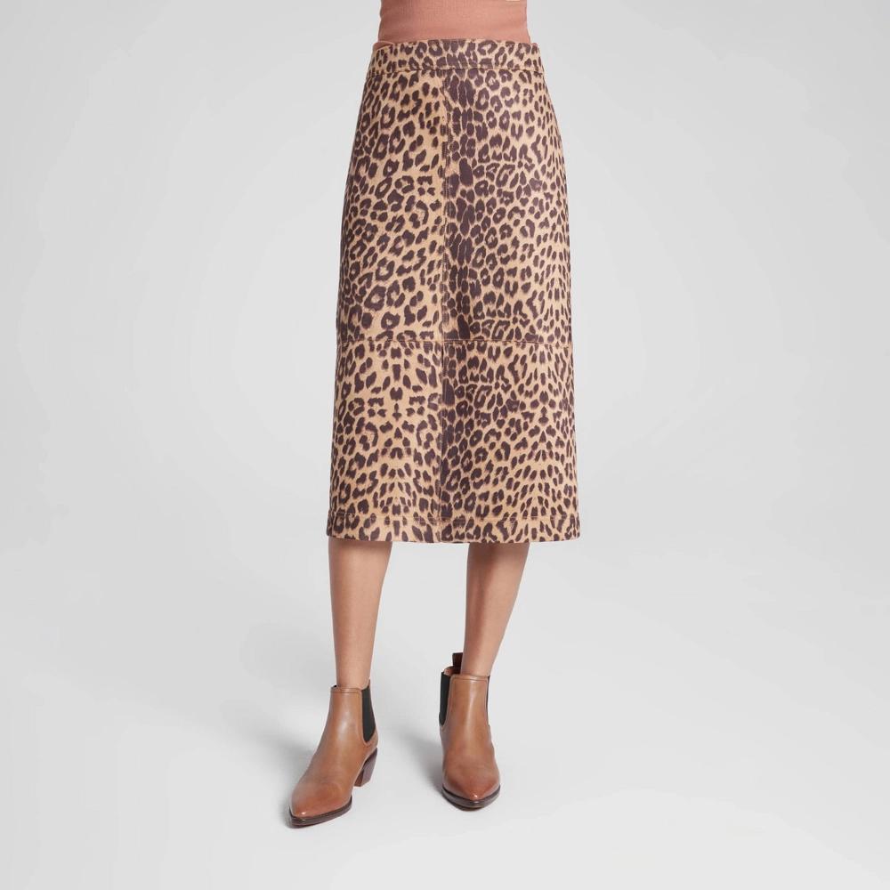Women's Faux Suede Midi A-Line Skirt - A New Day™ Brown Leopard Print XL Product Image