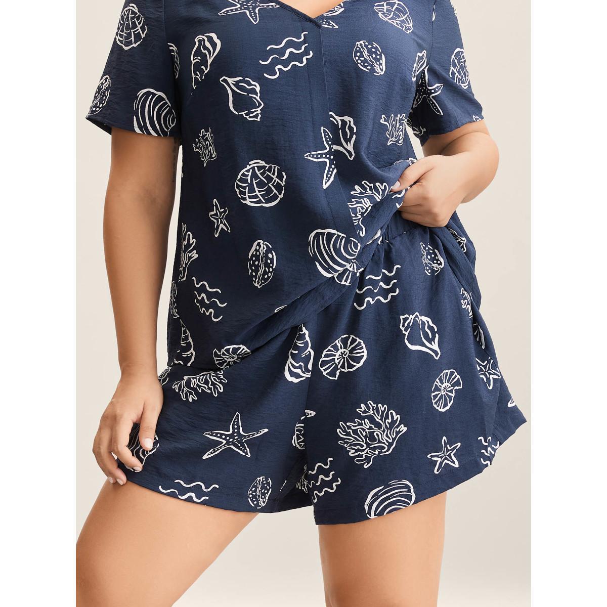 Plus Size Seashore Print Lounge Co-Ord Set Women Indigo Non Short sleeve V-neck Loungewear Sets BloomChic 22-24/3X Product Image
