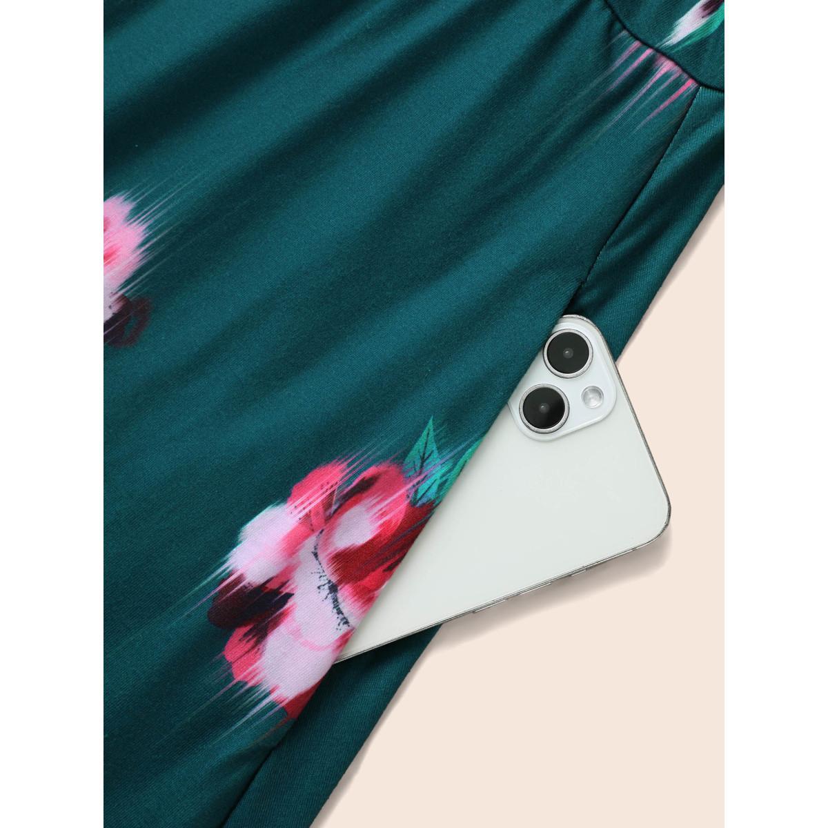 Plus Size Overlap Collar Floral Midi Dress Emerald Women Elegant Belted Overlap Collar Elbow-length sleeve Curvy BloomChic 14-16/1X Product Image