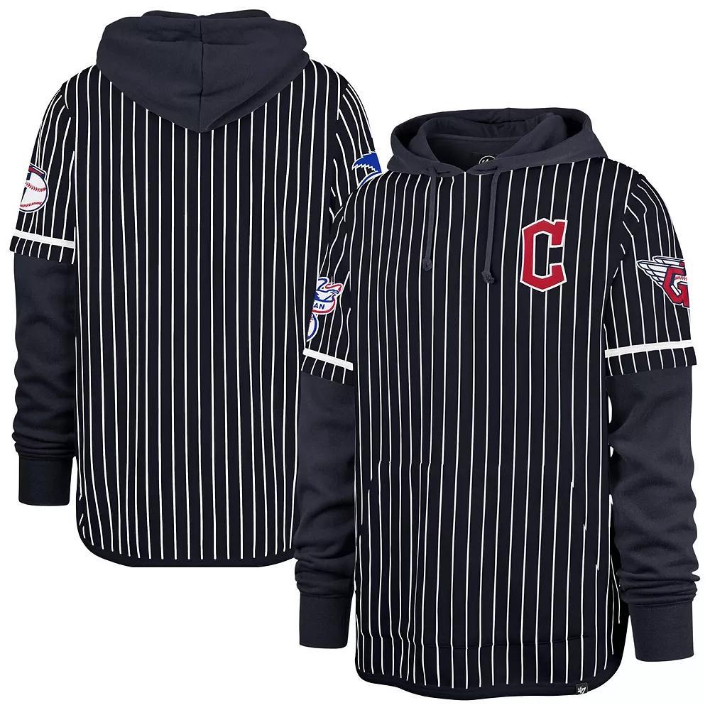 Men's '47  Navy Cleveland Guardians Pinstripe Double Header Pullover Hoodie, Size: 2XL, Grd Blue Product Image