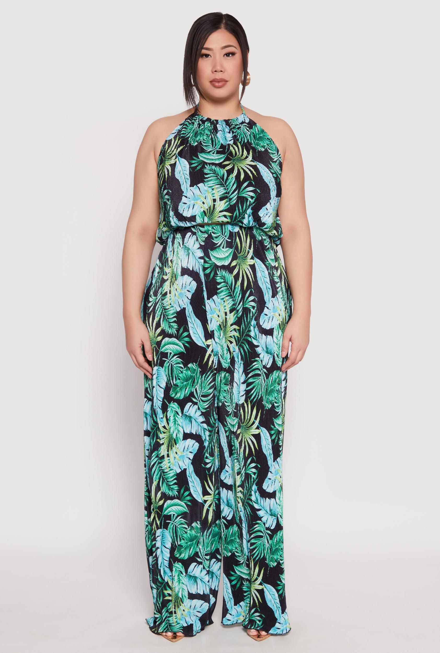 Womens Plus Size Almost Famous Tropical Plisse Palazzo Pants Product Image