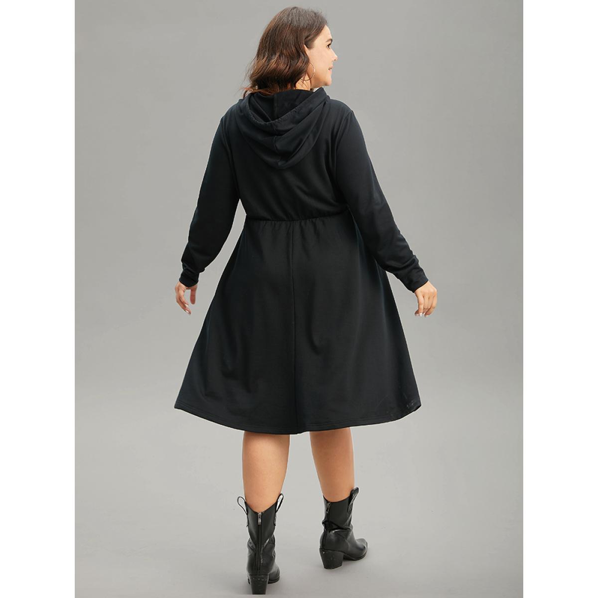 Plus Size Christmas Trees & Letter Hooded Drawstring Dress Black Women Casual Plain Curvy Midi Dress BloomChic 22-24/3X Product Image