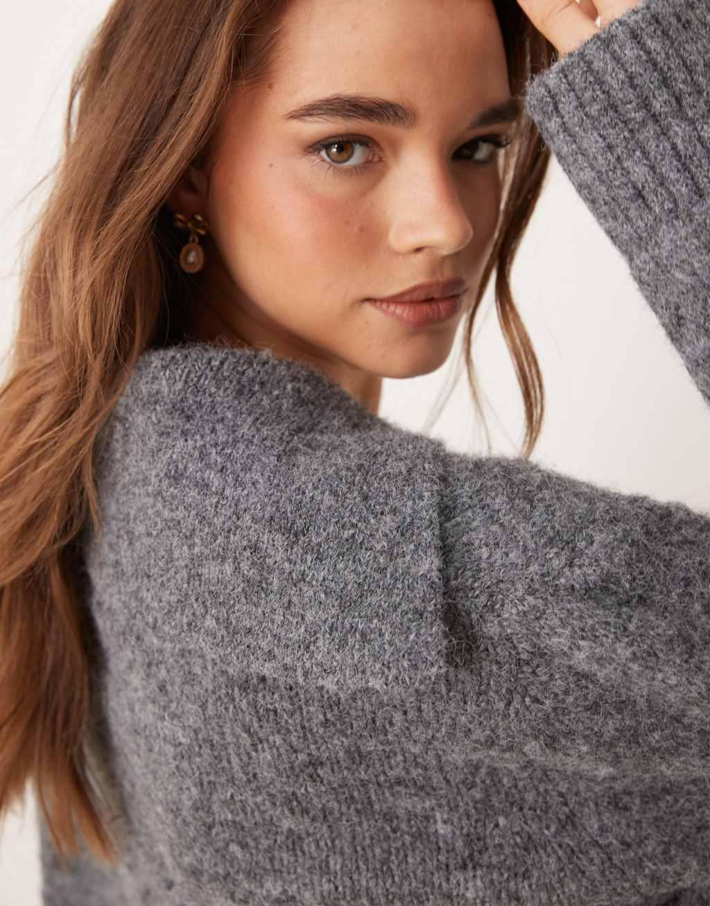 ASOS DESIGN wool blend knitted v neck sweater in gray heather Product Image